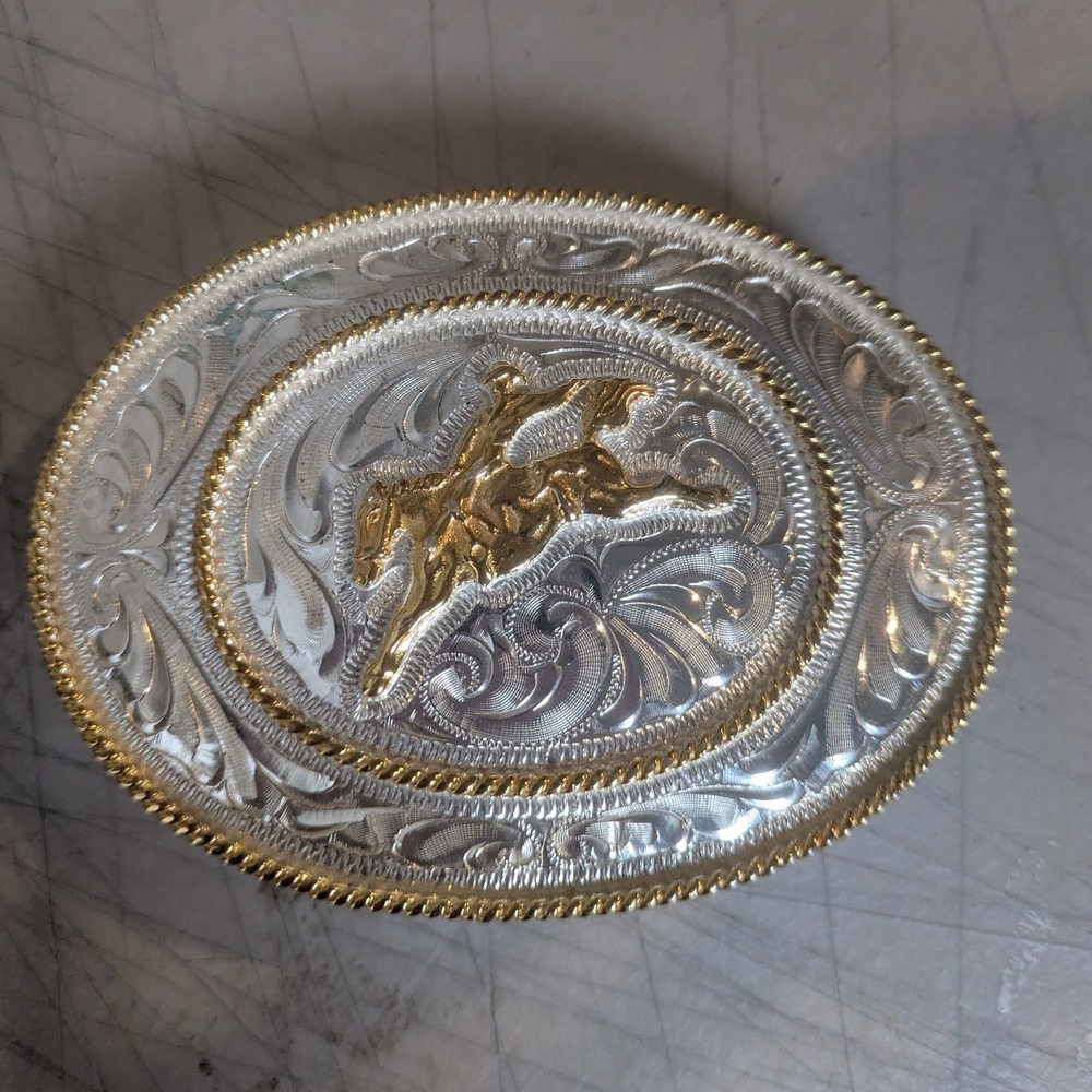 Justin Belt Buckle Men's OS Silver Gold Western Rodeo Bronc Rider Mexico
